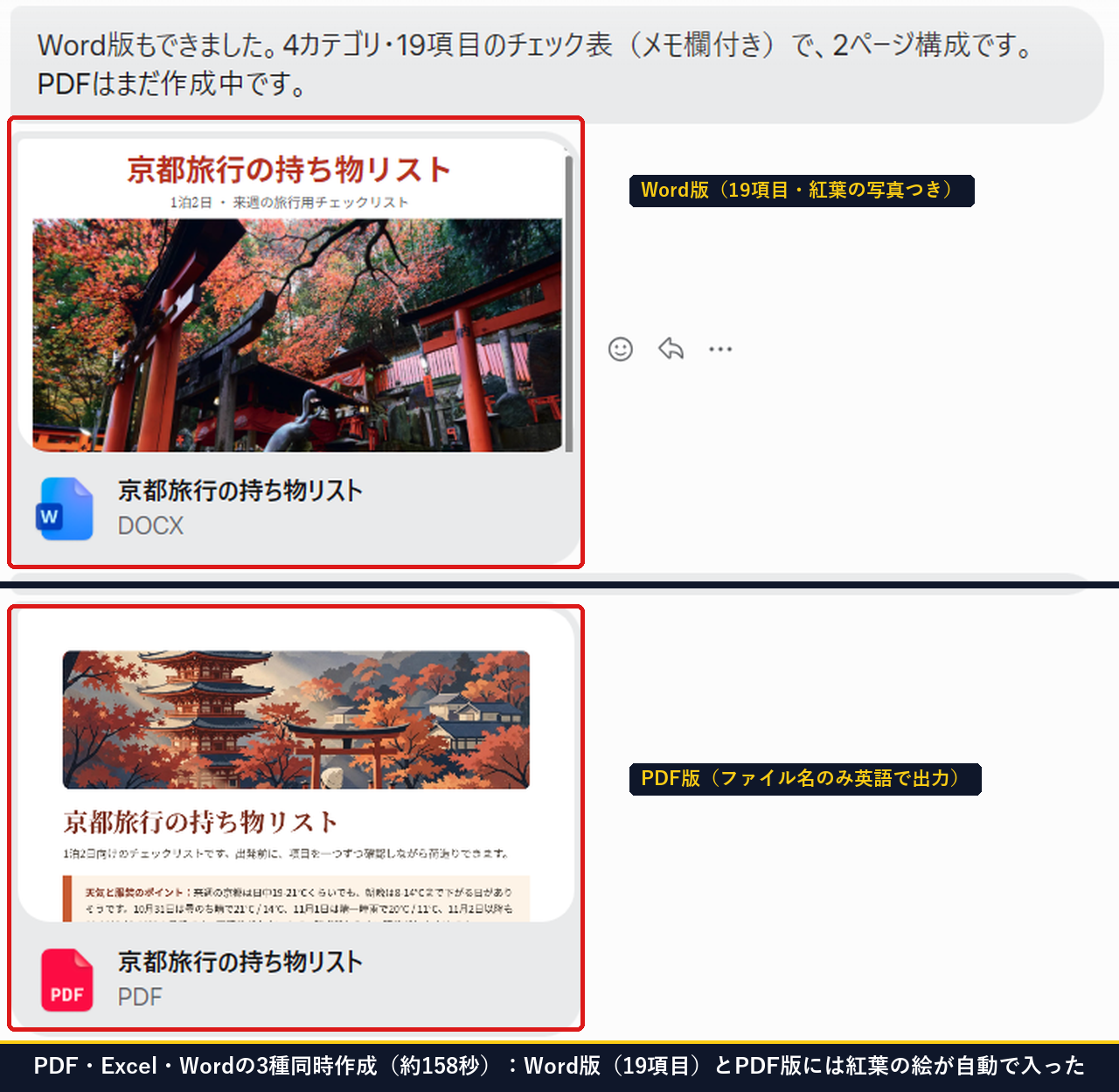 Museに持ち物リストをPDFとExcelとWordの3種類同時に頼んでWord版19項目とPDF版が出力された画面