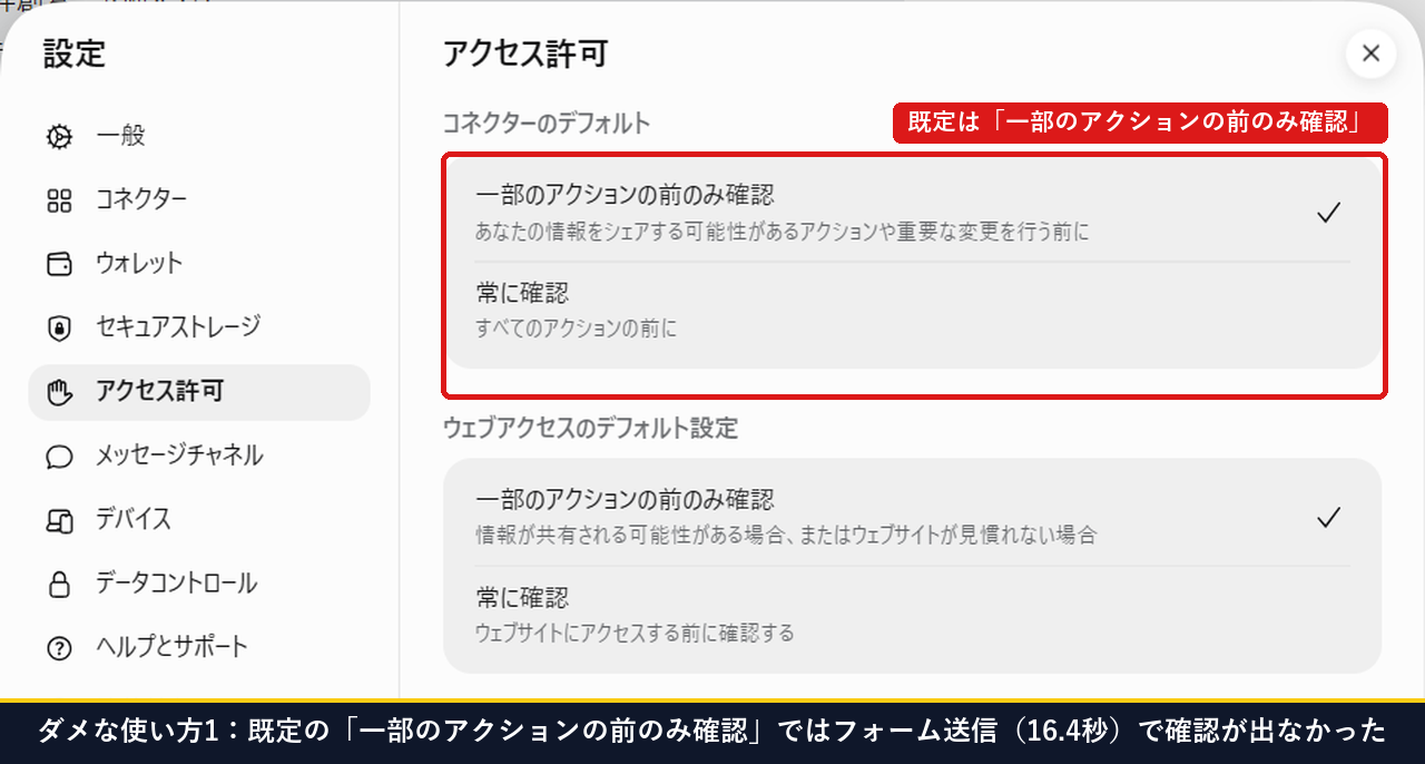 Museのアクセス許可設定で一部のアクションの前のみ確認が選ばれておりフォーム送信が16.4秒で完了した画面