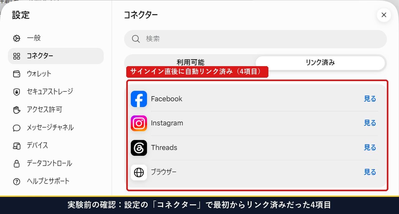 Museのコネクター設定画面でFacebookやInstagramなど4項目がリンク済みになっている実測画面