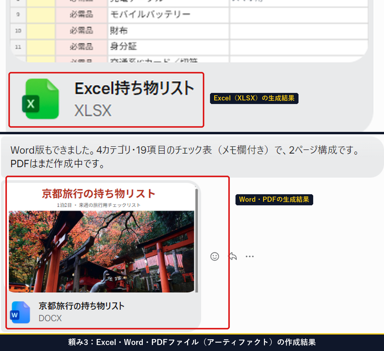 Museで持ち物リストをExcelとWordとPDFの3形式で作成したアーティファクト画面