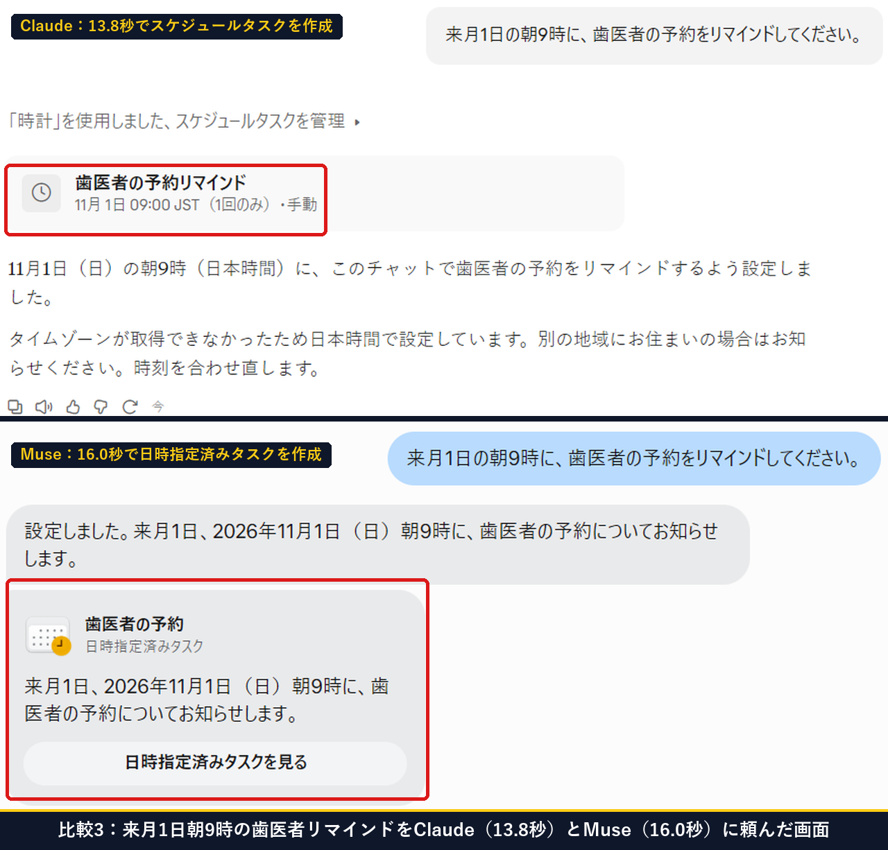 来月1日朝9時の歯医者の予約リマインドをClaudeとMuseに頼んだときの13.8秒と16.0秒の登録カード比較画面