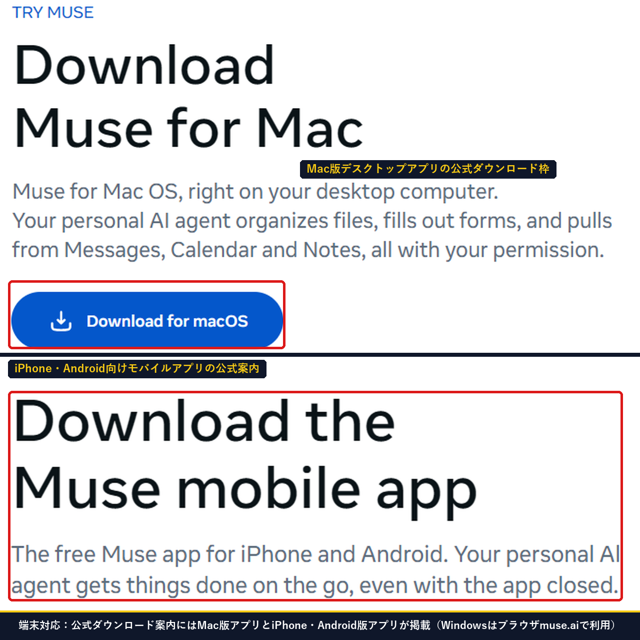 Meta公式のMuseダウンロード案内ページでMac版アプリとiPhone・Android向けモバイルアプリが案内されている画面