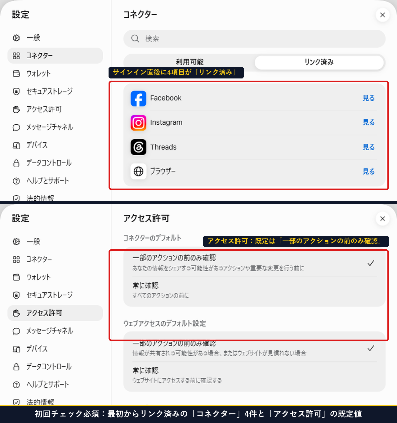 Museの設定で最初からリンク済みのコネクター4件とアクセス許可の一部のアクションの前のみ確認が選ばれている画面