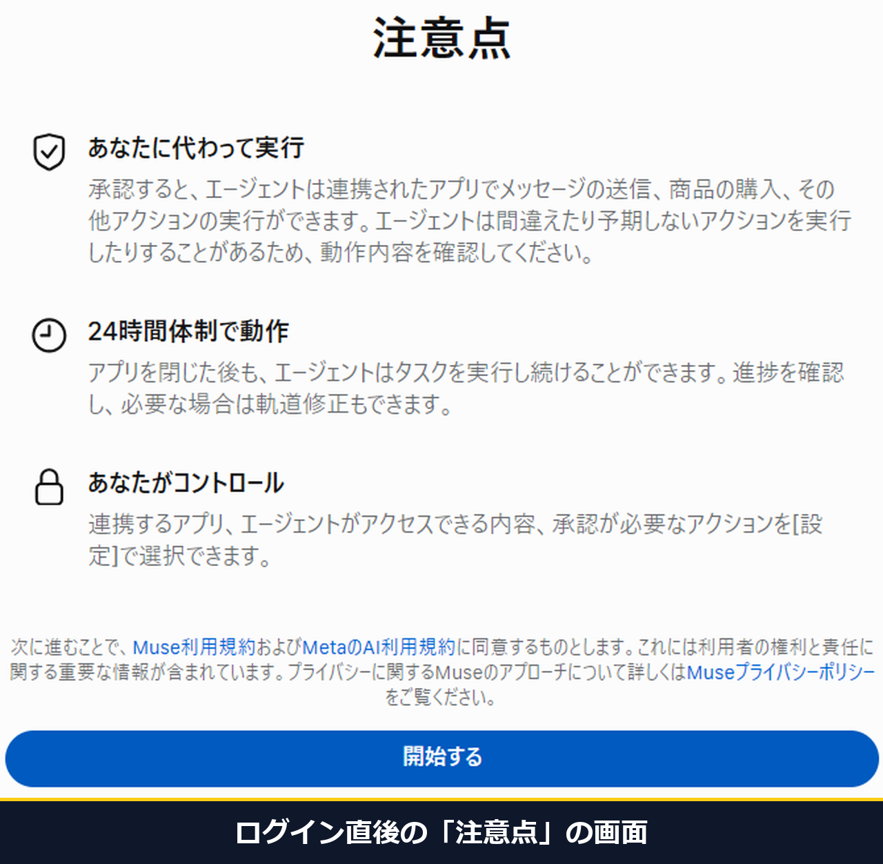 Museにログインした直後の注意点の画面で、あなたに代わって実行、24時間体制で動作、あなたがコントロールの3つが並んでいる