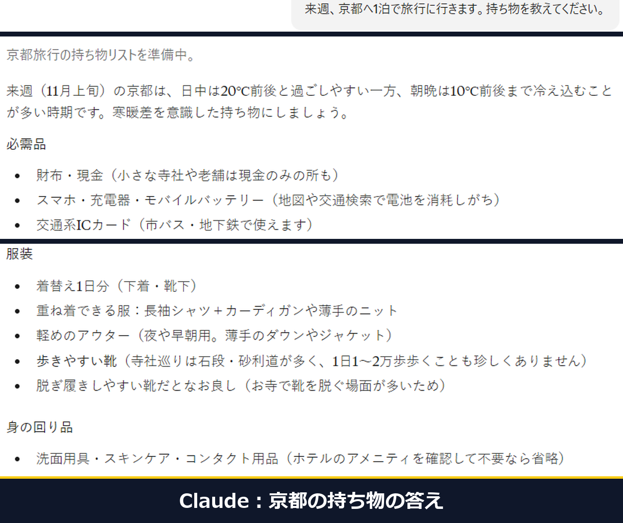 Claudeに京都1泊の持ち物を頼んだ答え。11.7秒で必需品と服装と身の回り品が出ている