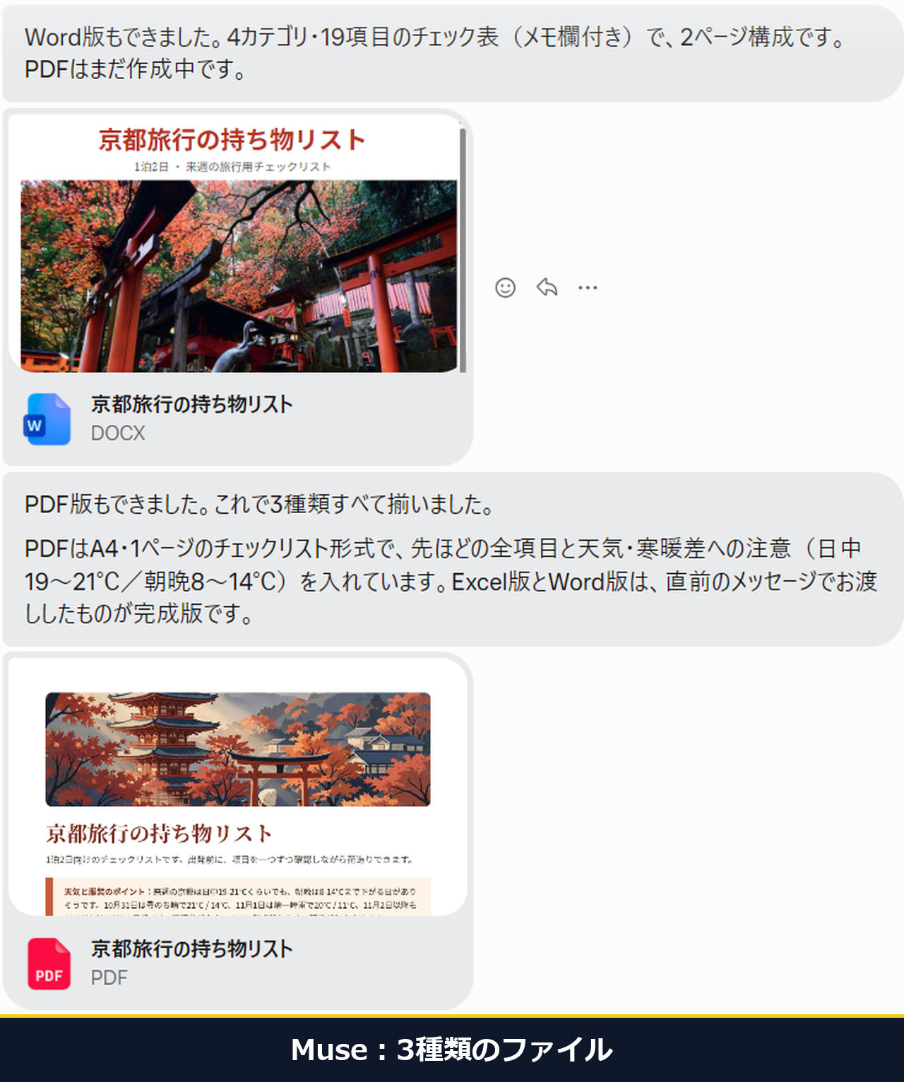 Museに持ち物リストをPDFとExcelとWordの3種類で頼んだ結果。約158秒で、Excelは30項目、Wordは19項目