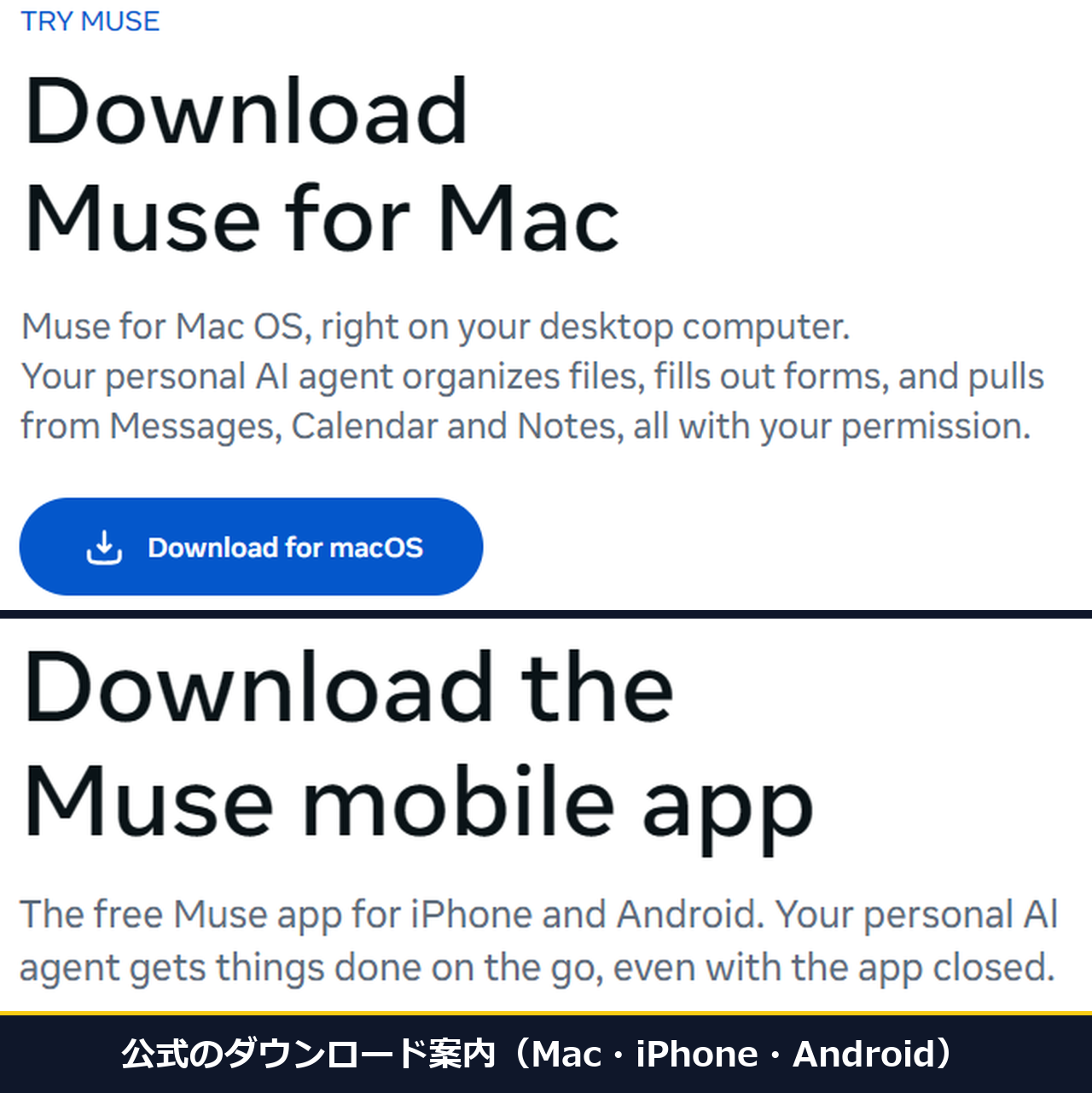 Meta公式のダウンロード案内の頁。Mac版とiPhone・Android版の見出しが英語で出ている