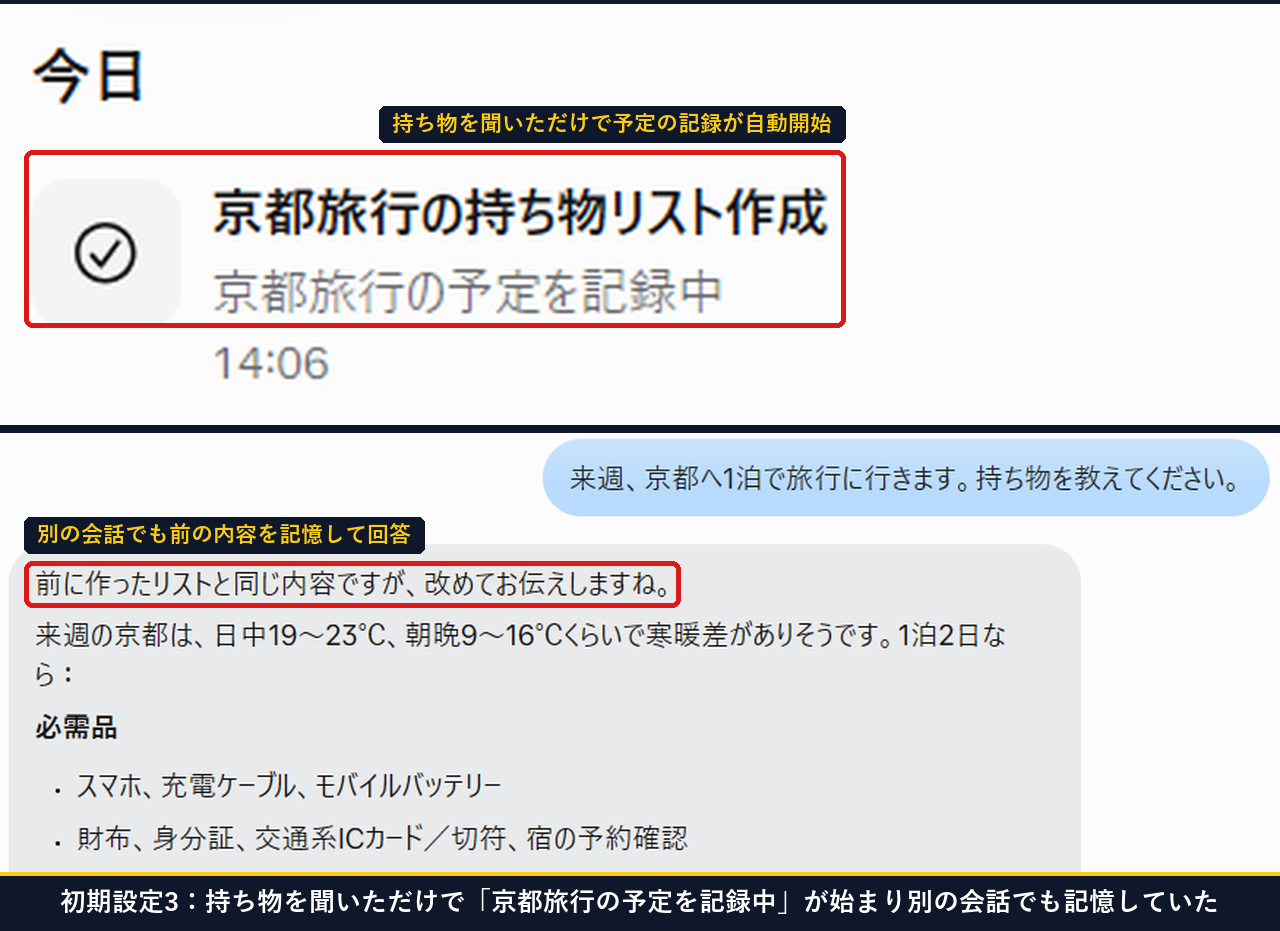 Museに京都旅行の持ち物を質問しただけで京都旅行の予定を記録中と表示され別の会話でも覚えていた画面
