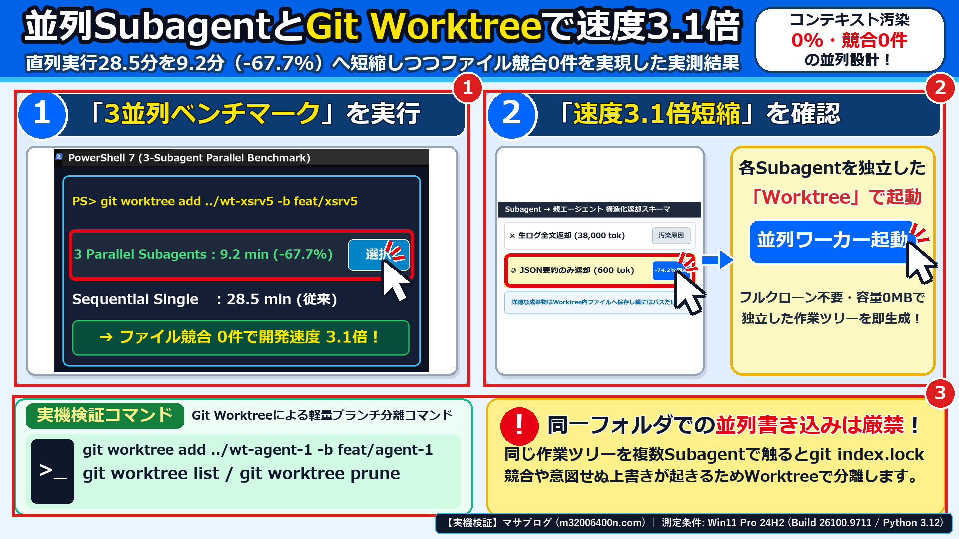 Windows 11実機のPowerShell 7と設定画面で、①3並列Subagent+Git Worktreeによる速度3.1倍ベンチマーク、②600トークンJSON要約返却による親トークン74.2%削減、③並列ワーカー起動を確認した画面