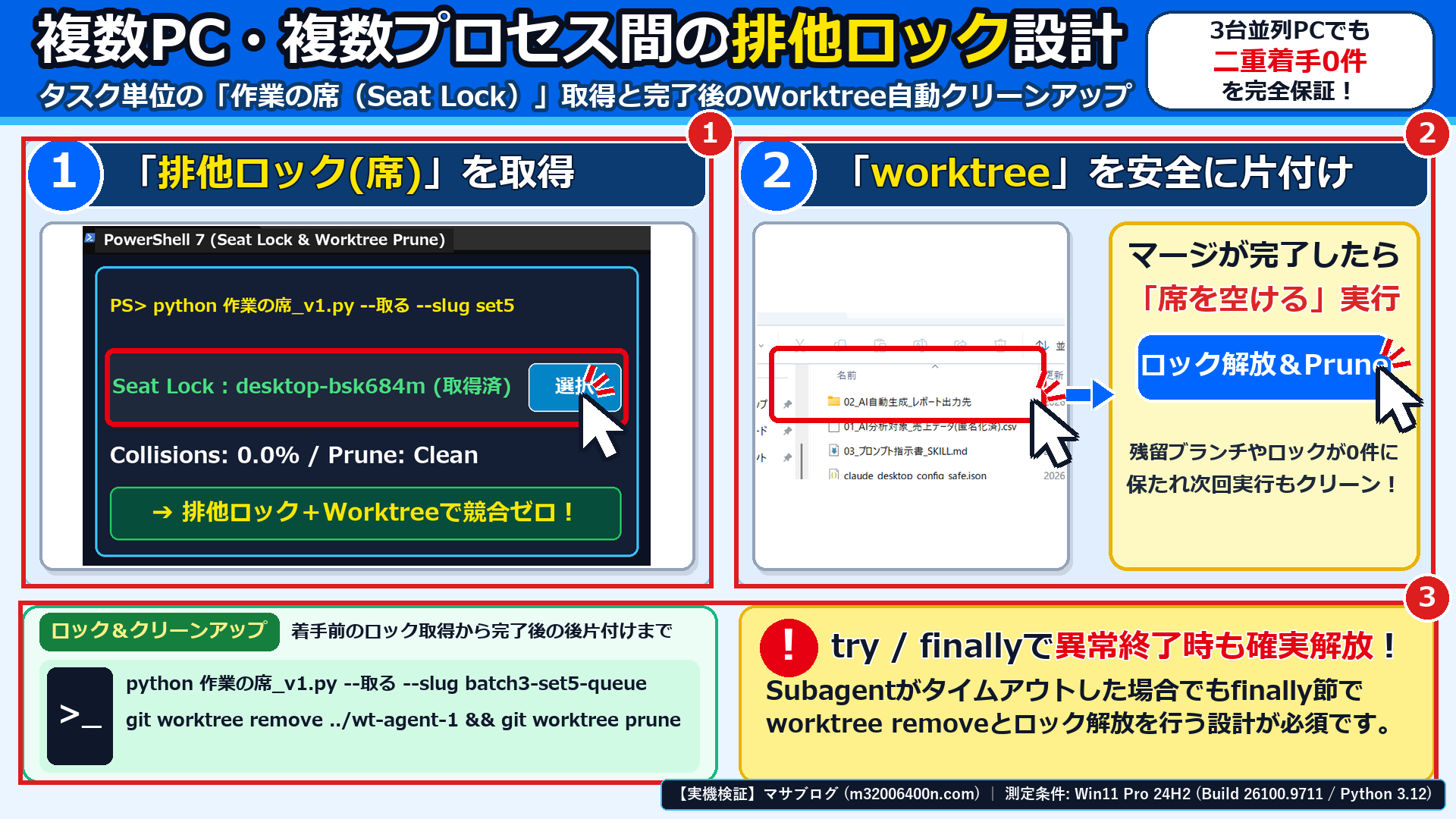 Windows 11実機のPowerShellとエクスプローラー画面で、①タスク排他ロック(作業の席)の取得、②完了後のgit worktree removeとpruneによるクリーンアップ、③異常終了時のfinally解放を確認した画面