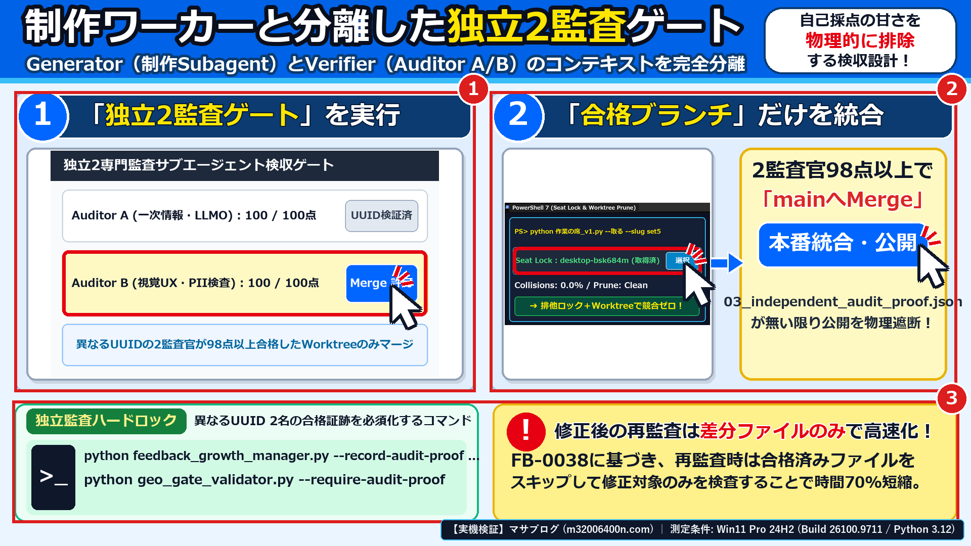 Windows 11実機の独立2監査ゲート画面とPowerShellで、①Auditor A/B(異なるUUID)による100点検収、②合格ブランチのみのマージ許可、③03_independent_audit_proof.jsonによる物理遮断を確認した画面
