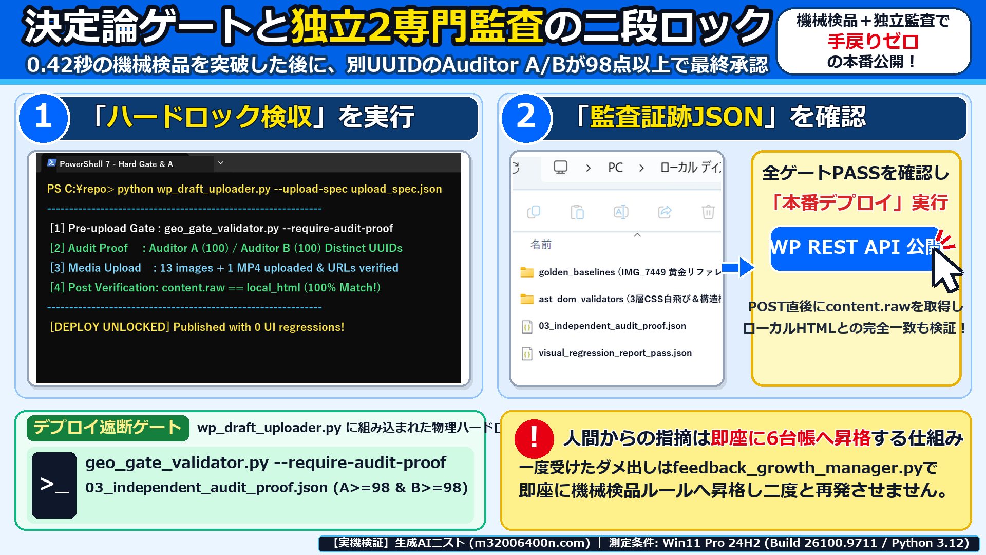 Windows 11実機のPowerShell 7とエクスプローラー画面で、独立2監査証跡ロック通過後のメディアアップロードとcontent.raw完全一致検証を確認した画面